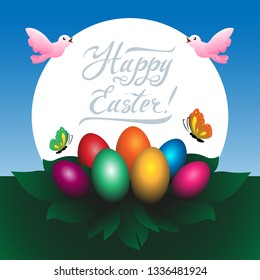 Happy Easter lettering and colored eggs vector illustration