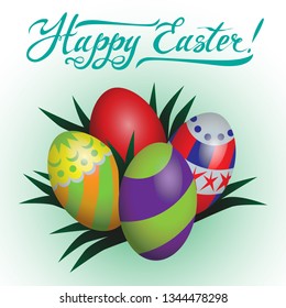 Happy Easter lettering and colored eggs vector illustration