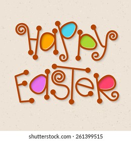 Happy easter lettering with colored eggs on textured paper. text banner for your design. 
