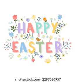 Happy Easter lettering. Colorful flower explosion. Vector illustration, flat design