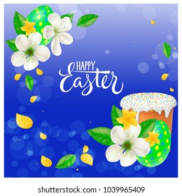 Happy Easter lettering. Creative inscription with sweet bread, eggs and flowers. Handwritten text, calligraphy. Can be used for greeting cards, posters and leaflets