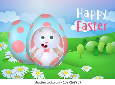 Happy Easter lettering with cute bunny in egg. Easter greeting card. Typed text, calligraphy. For leaflets, brochures, invitations, posters or banners.