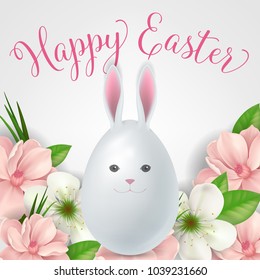 Happy Easter lettering with cute cartoon egg shaped Bunny and blossoms. Calligraphic inscription can be used for greeting cards, festive design, postcards, posters.