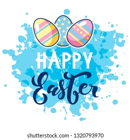 Happy Easter lettering with cute color easter eggs. Beautiful vector illustration for greeting card/poster/sticker.