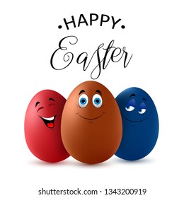 Happy Easter lettering with cute colorful eggs. Funny Easter eggs. Isolated on white background. Vector illustration.