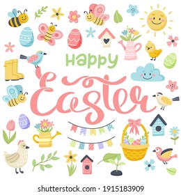 Happy easter lettering with cute eggs, birds, bees, butterflies. Cute hand drawn vector illustration, card template