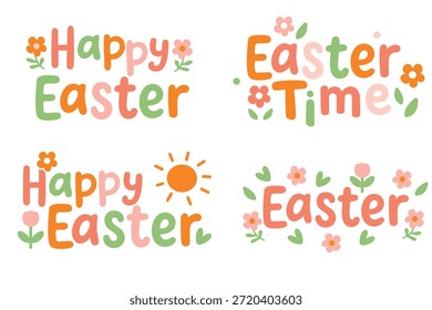 Happy Easter lettering with cute flowers in pastel style. Spring Easter greeting typography with floral decorative elements