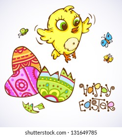 Happy easter lettering. Cute little chicken hatched out easter egg. Happy easter text with colored eggs for your design.