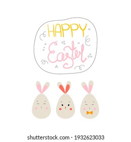 Happy Easter lettering with cute three bunny. Cute hand drawn vector stock illustration isolated on white background. Design for card template etc.