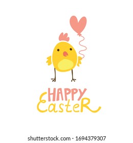 Happy Easter lettering with cute vector chicken illustration in cartoon style on white background. Spring religious holiday. Flat cartoon illustration on white background