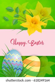 Happy Easter Lettering, Daffodil and Eggs