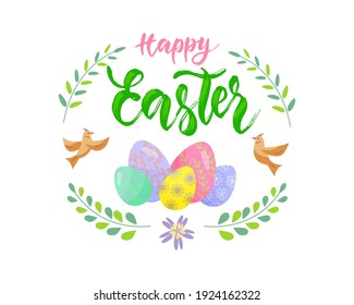 Happy Easter lettering decorated with eggs, flowers, birds. Vector isolated colorful illustration in flat style.