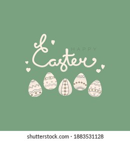 Lechado feliz de Pascua y huevos decorativos de Pascua. Ilustraciones de vectores planos para diseño, postales, impresiones. Colores verdes y blancos.