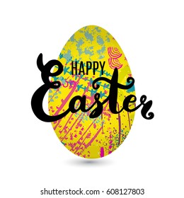 Happy Easter lettering design with egg greeting card template. Vector.