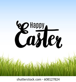Happy Easter lettering design with green grass greeting card template. Vector.