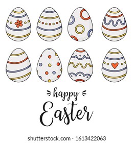 Happy easter lettering. Doodle easter eggs with stripes, dots, leaves. Vector illustration on a white background.