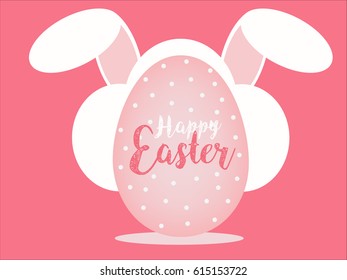 Happy easter lettering with egg and bunny on pink color background.