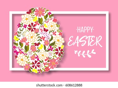 Happy Easter lettering. Easter Egg decorated with different floral elements pattern. Holiday design isolated on pink background. Vector illustration.