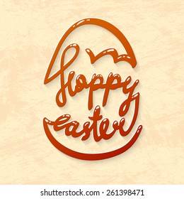 Happy easter lettering in egg on textured paper. Chocolate text banner for your design. Hand drawn wired design.
