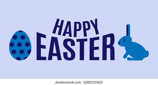 Happy Easter lettering with egg and rabbit. Blue colors. Vector illustrations
