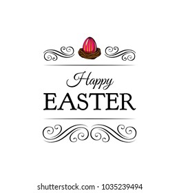 Happy Easter lettering with egg, swirly lines and ornate frames. Vector illustration isolated on white background.