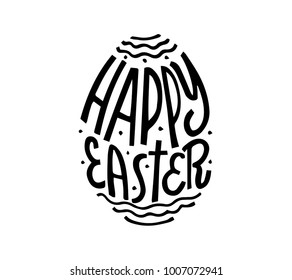 Happy Easter lettering in egg. Vector isolated handwritten Inscription. Brush pen modern trendy style. Black and white. Hand drawn calligraphy.