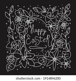Happy Easter lettering in egg. Vector Illustration of Happy Easter Holiday with egg on spring flower background. Celebration design with text for greeting card, coloring page, invitation
