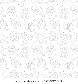 Happy Easter. Lettering. Easter eggs. Chicken, bunny, carrot, stars and rainbow. Spring cartoon print. Seamless vector pattern (background). 