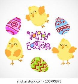 Happy easter lettering. Easter eggs and cute chickens set  with Happy easter congratulation. Happy easter text with colored eggs for your design.