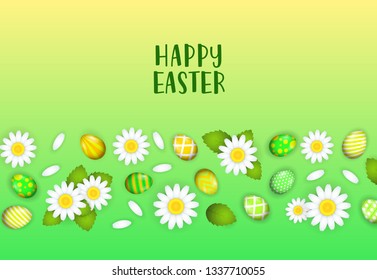 Happy Easter lettering with eggs and flowers pattern. Easter greeting card. Typed text, calligraphy. For leaflets, brochures, invitations, posters or banners.