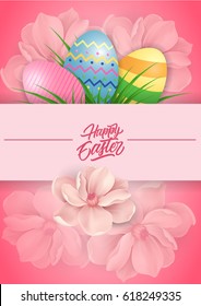 Happy Easter Lettering, Eggs, Flowers