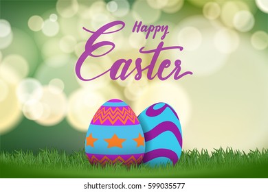 Happy Easter lettering and Easter eggs hiding on grass with green bokeh background.Template for Easter season greeting card, banner and poster in vector illustration to celebrate the festival.