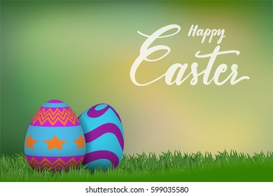 Happy Easter lettering and Easter eggs hiding on grass with green bokeh background.Template for Easter season greeting card, banner and poster in vector illustration to celebrate the festival.