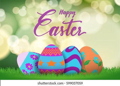 Happy Easter lettering and Easter eggs hiding on grass with green bokeh background.Template for Easter season greeting card, banner and poster in vector illustration to celebrate the festival.