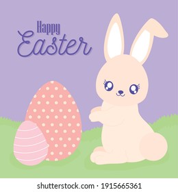 happy easter lettering, easter eggs and one cute rabbit vector illustration design