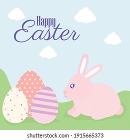 happy easter lettering, easter eggs and one cute pink rabbit vector illustration design