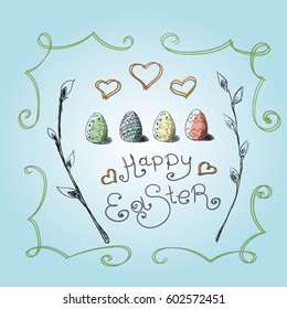 happy easter lettering with eggs and pussy willow 