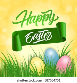 Happy Easter Lettering, Eggs and Ribbon