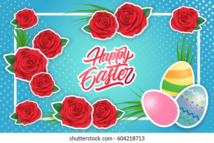 Happy Easter lettering with eggs and roses
