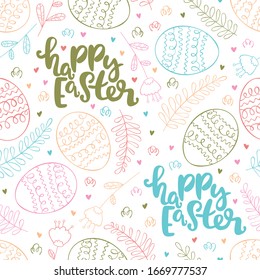 Happy easter. Lettering. Easter eggs. Seamless vector pattern (background).