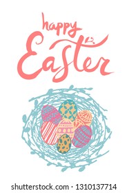 Happy Easter lettering with eggs and wreath