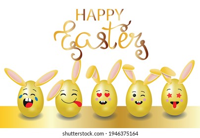 Happy Easter lettering. Emotion stickers icons set in the form of Easter eggs. Vector illustration.