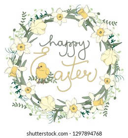 happy easter lettering with floral frame with chicken and narcissus for your design