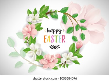 Happy Easter lettering in flower wreath. Easter greeting card. Handwritten text, calligraphy. For greeting cards, posters, leaflets and brochures.