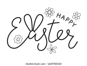 Happy Easter lettering with flowers and bunny ears, hand written with ink brush, isolated on white background. Vector illustration