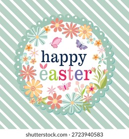 Feliz Pascua con letras, flores y mariposa
