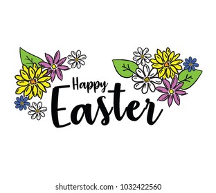 Happy Easter lettering, flowers decoration, illustration