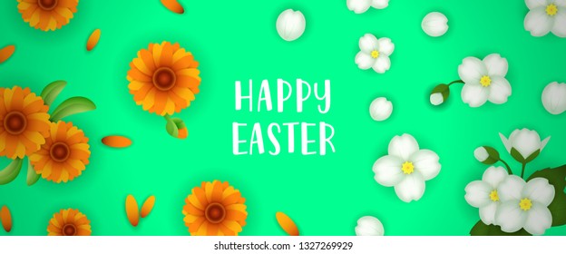 Happy Easter lettering with flowers. Easter greeting card. Typed text, calligraphy. For leaflets, brochures, invitations, posters or banners.
