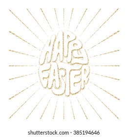 Happy Easter lettering in the form of Easter egg and diverging sun rays. Vector illustration glitter stipple style. On white background.
