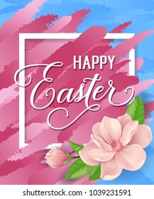 Happy Easter lettering in frame with blossom and pink strokes on blue background. Calligraphic inscription can be used for greeting cards, festive design, postcards, posters.